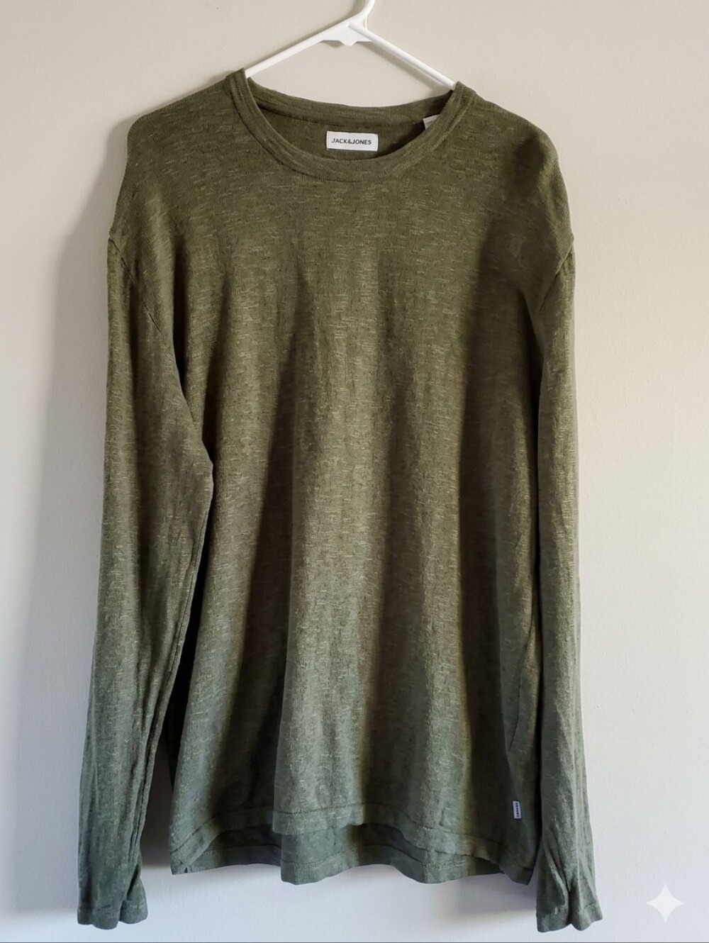 Jack & Jones Fall Olive Green Long-Sleeve Cotton Linen Crew Neck Knit Tee Sz M